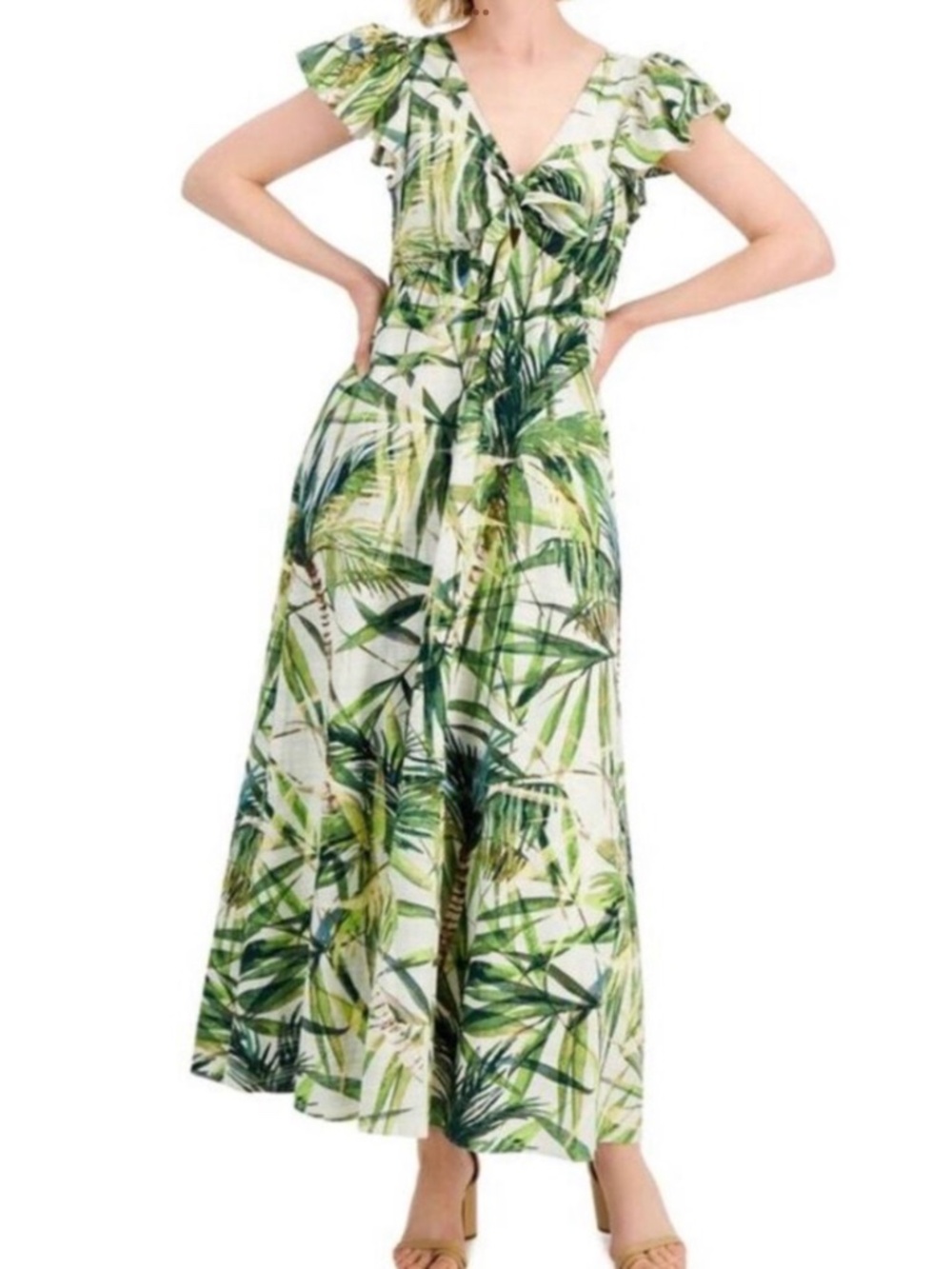 TAYLOR Tropical Bamboo Palms Maxi Dress with Pockets Tie Bodice Smocked EUC Sz 6 - Picture 9 of 12